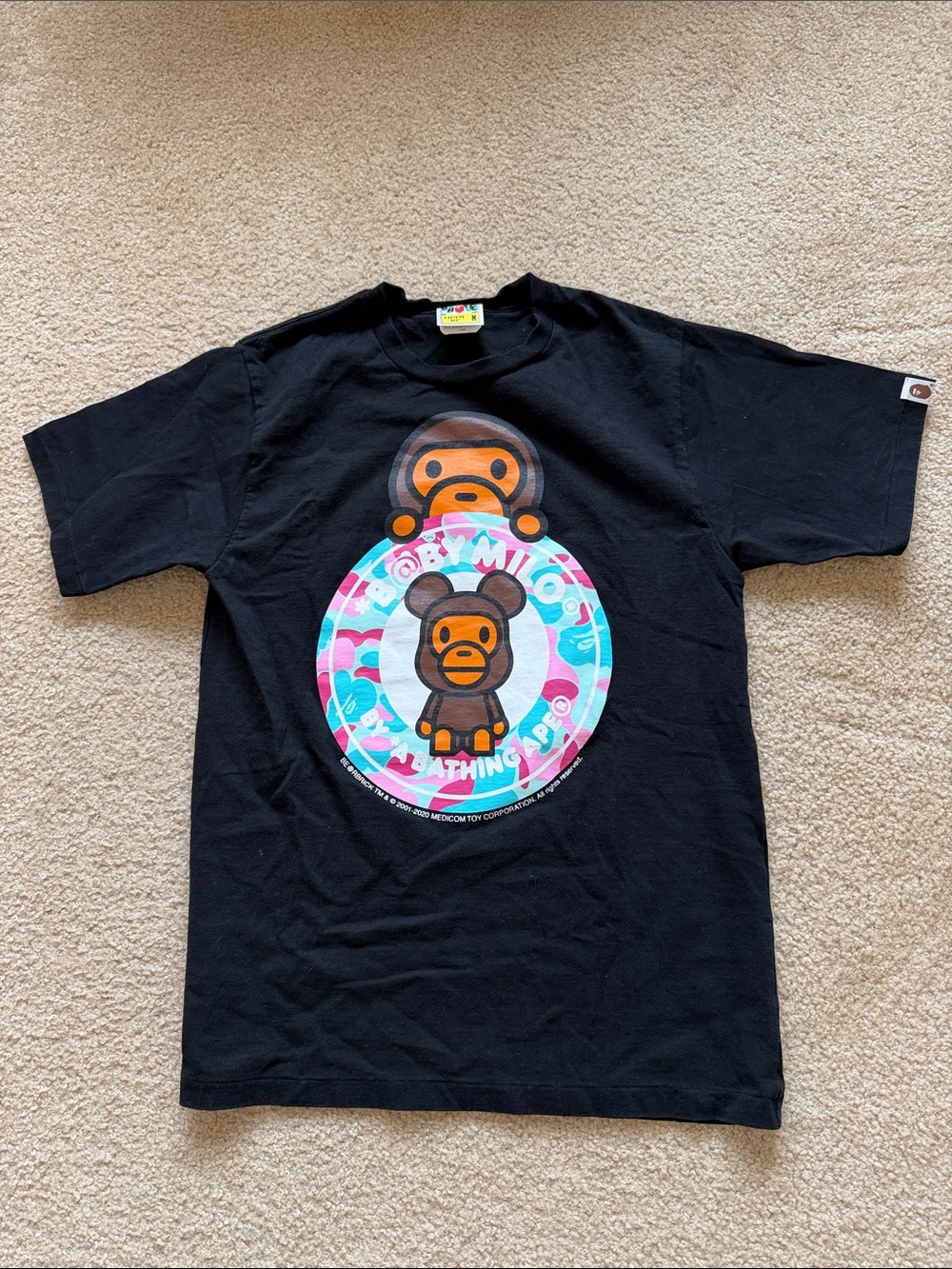 A Bathing Ape ,Bape Black Tee with Pink & Blue Camo Ape Head Graphic